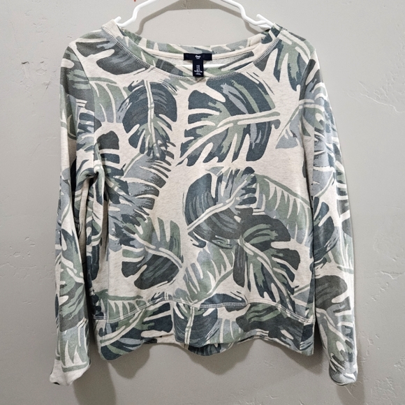 Gap Olive and White Tropical Palm Leaf Print Crop Sweatshirt Size Small - Picture 1 of 3